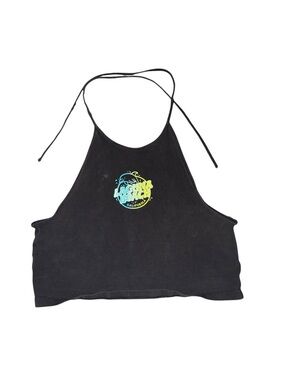 Divided Black Crop Halter Top with Blue and Yellow Graphic